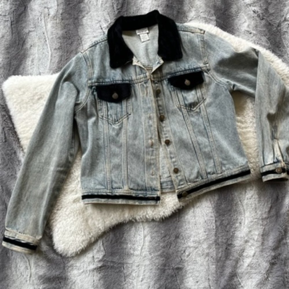 Vintage Acid Wash Denim Jacket With Velvet Detailing